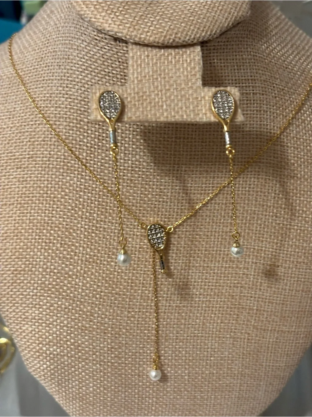Gold Tennis Racket Pendant Necklace & Drop Earrings Set with Pearls